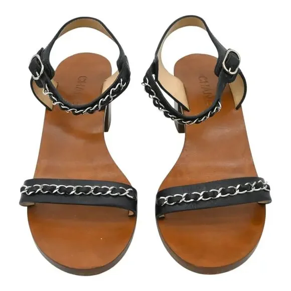 CHANEL Leather & Chain Strappy Heeled Sandals Size 40.5 - Picture 2 of 13